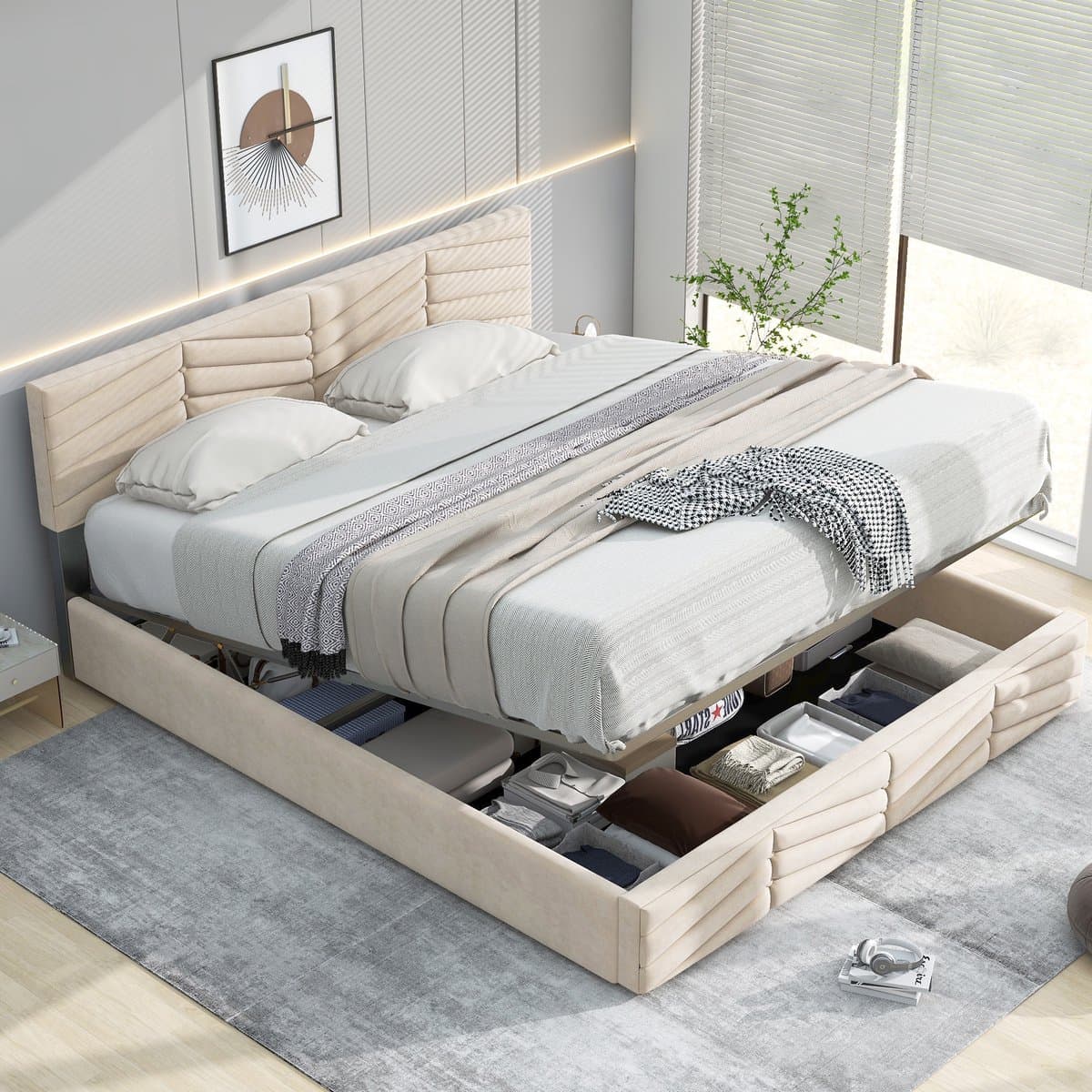 Gestoffeerd bed - 140x190 cm - Verstelbaar Hoofdbord - Eenvoudige Montage - Fluweel - Beige