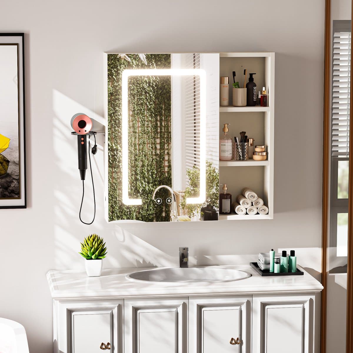 Badkamerspiegel-LED Bathroom Mirror Cabinet - Wall-mounted Mirror Cabinet - Adjustable Touch LED Lighting - Hair Dryer Holder - Wooden Cabinet - Anti-fog Mirror - Bathroom Storage Cabinet - European Standard Plug - White