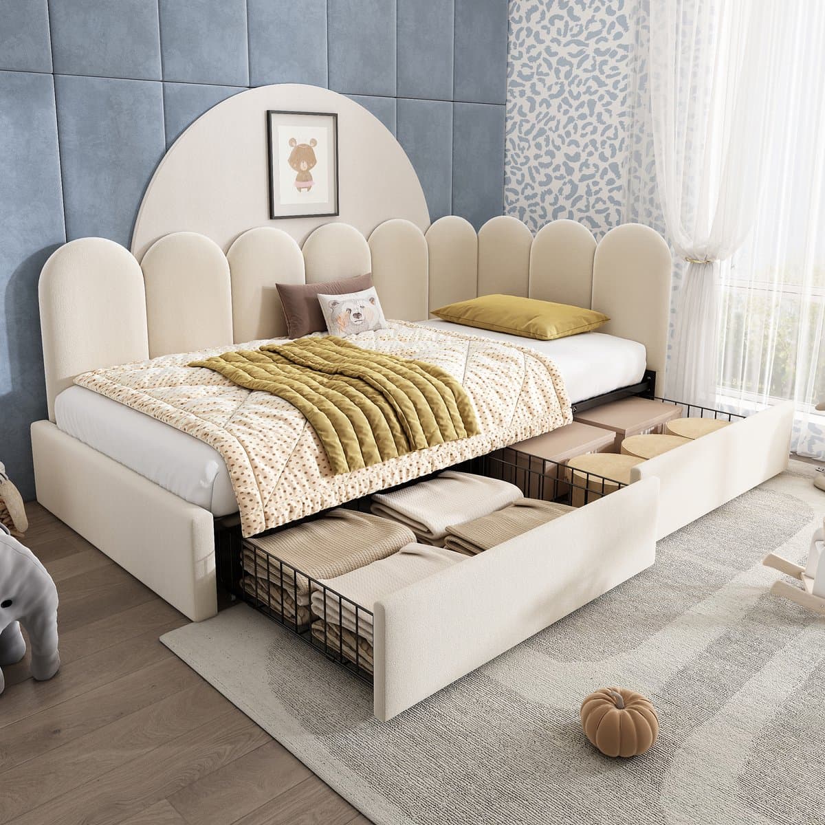 MODFU - Ledikant 90x200 cm – Daybed met 2 lades & omwisselbare zijpanelen – Beige fluweel