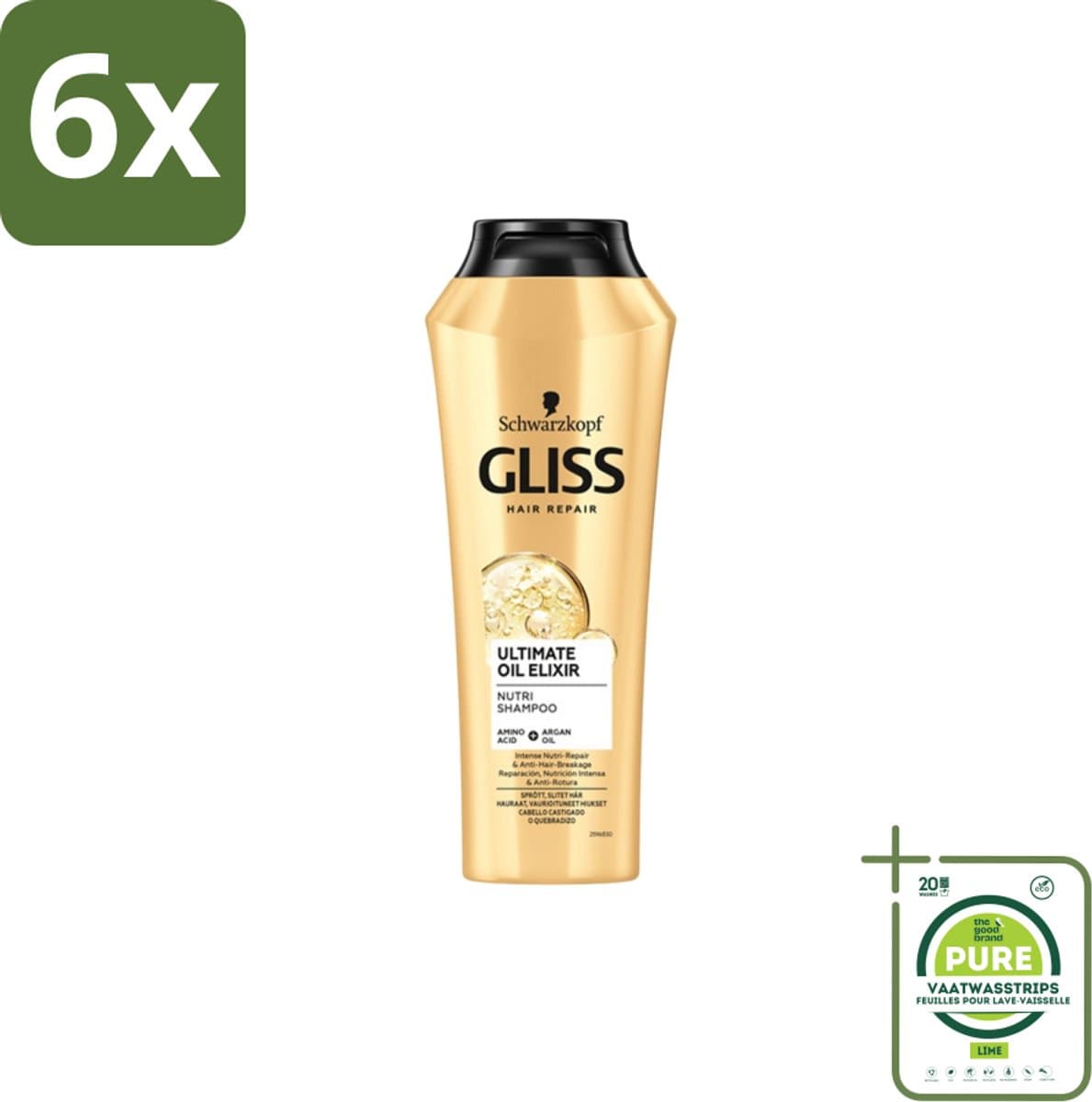 Gliss Kur – Shampoo – Ultimate Oil Elixir – 250 ml - Voordeelverpakking - 6 stuks - Droog haar - Beschadigd haar