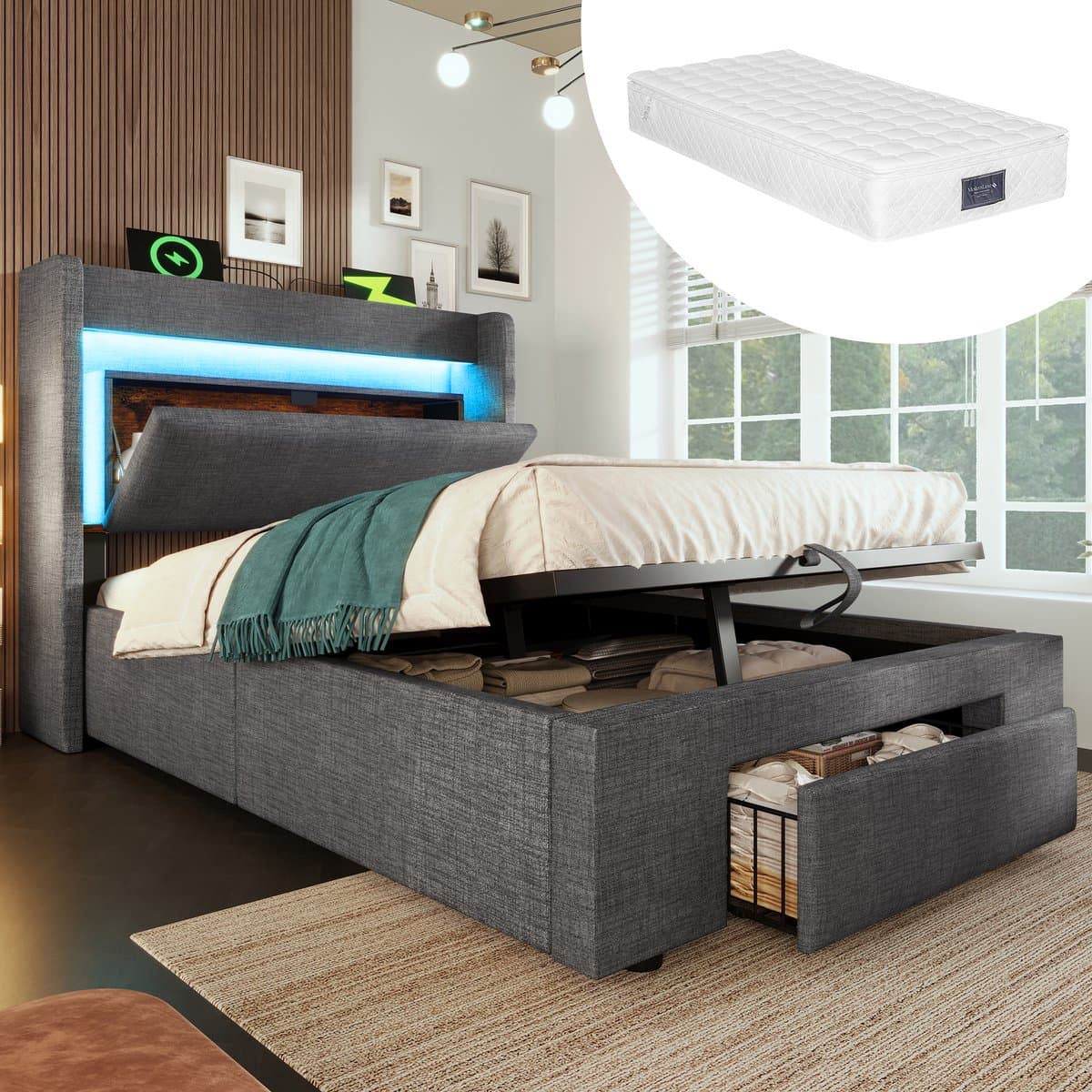 OKWISH Gestoffeerd Bed 90x200cm – Ledverlichting En Usb Aansluitingen – Hydraulische Opbergruimte En Lade – Met Matras – Grijs