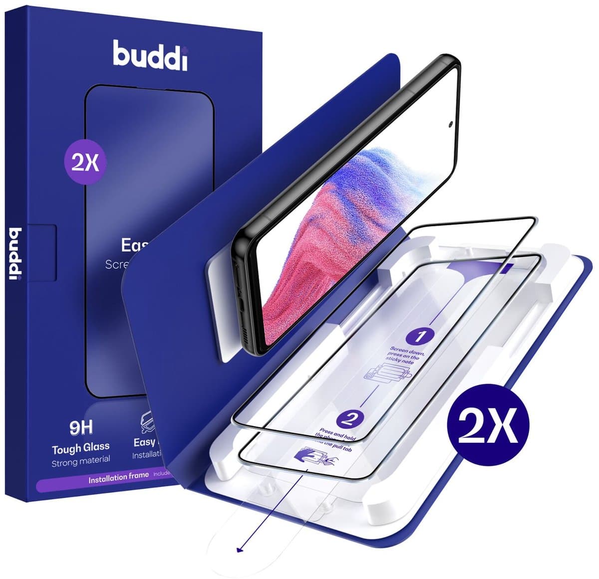 2-Pack Screenprotector Geschikt voor Samsung Galaxy A53 - Buddi Easy Fit Tempered Glass met Installatietray - 9H+ Gehard Glas - Case Friendly Glasplaatje - Eenvoudige montage