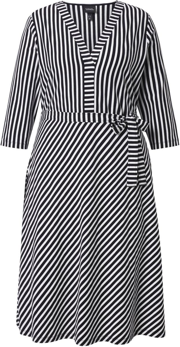 Ulla Popken - Dames - Midi-jurk strepen A-lijn V-hals 3/4-mouwen - Zwart - Maat 46+