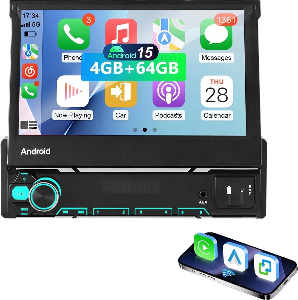 ESSGOO 1Din Autoradio - Apple Carplay & Android Auto (Draadloos) - 7" HD Touchscreen Handmatig Opvouwbaar Scherm - Android 15, 4+64GB - USB, AUX, Bluetooth - FM, EQ