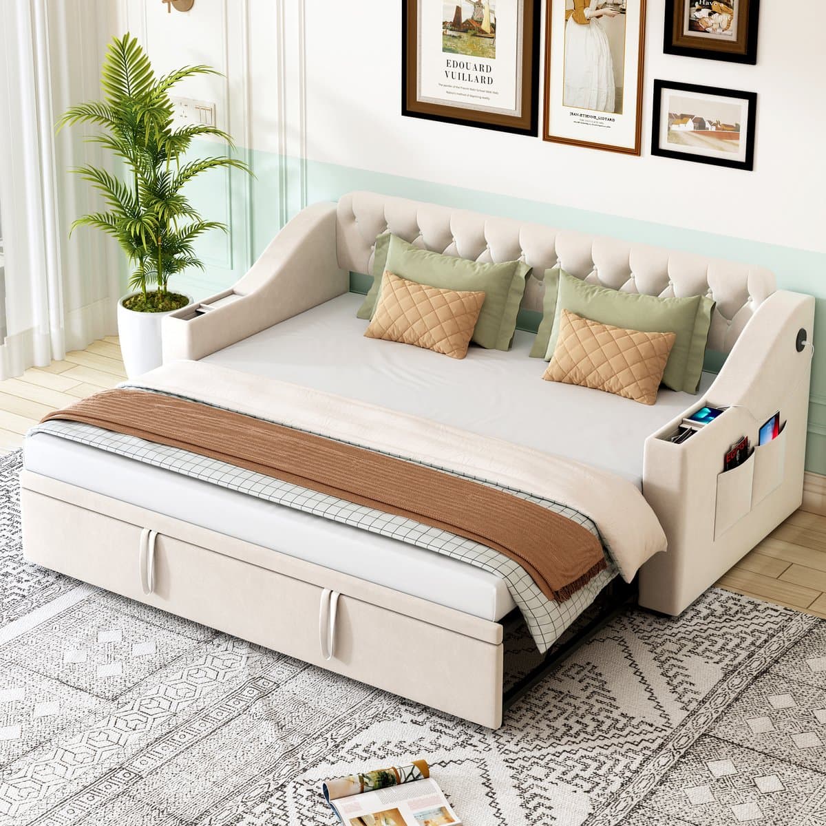 MIVRAY Gestoffeerd Slaapbank 90x190cm - Uitschuifbaar Naar 180x190cm Met Oplaadpoorten En Opbergvakken - Fluweel - Beige - Zonder matras