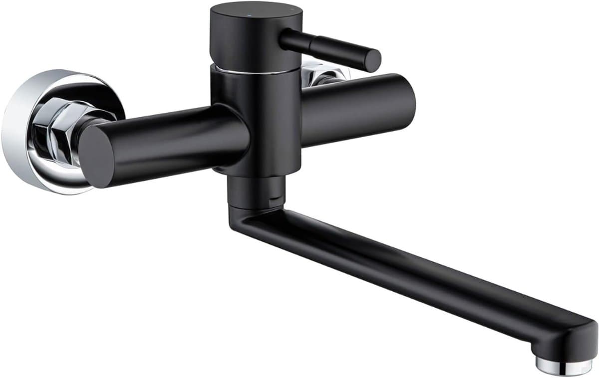 Nexvo® Keukenkraan Wandmontage - Wandkraan Keuken 360 Graden Draaibaar - Wandkraan Bovenuitloop Roestvrijstaal - Mat Zwart - 29cm x 21cm x 9cm