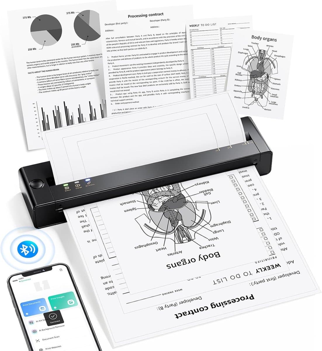 Draagbare A4 Thermische Printer voor Onderweg - Draadloos en Compact