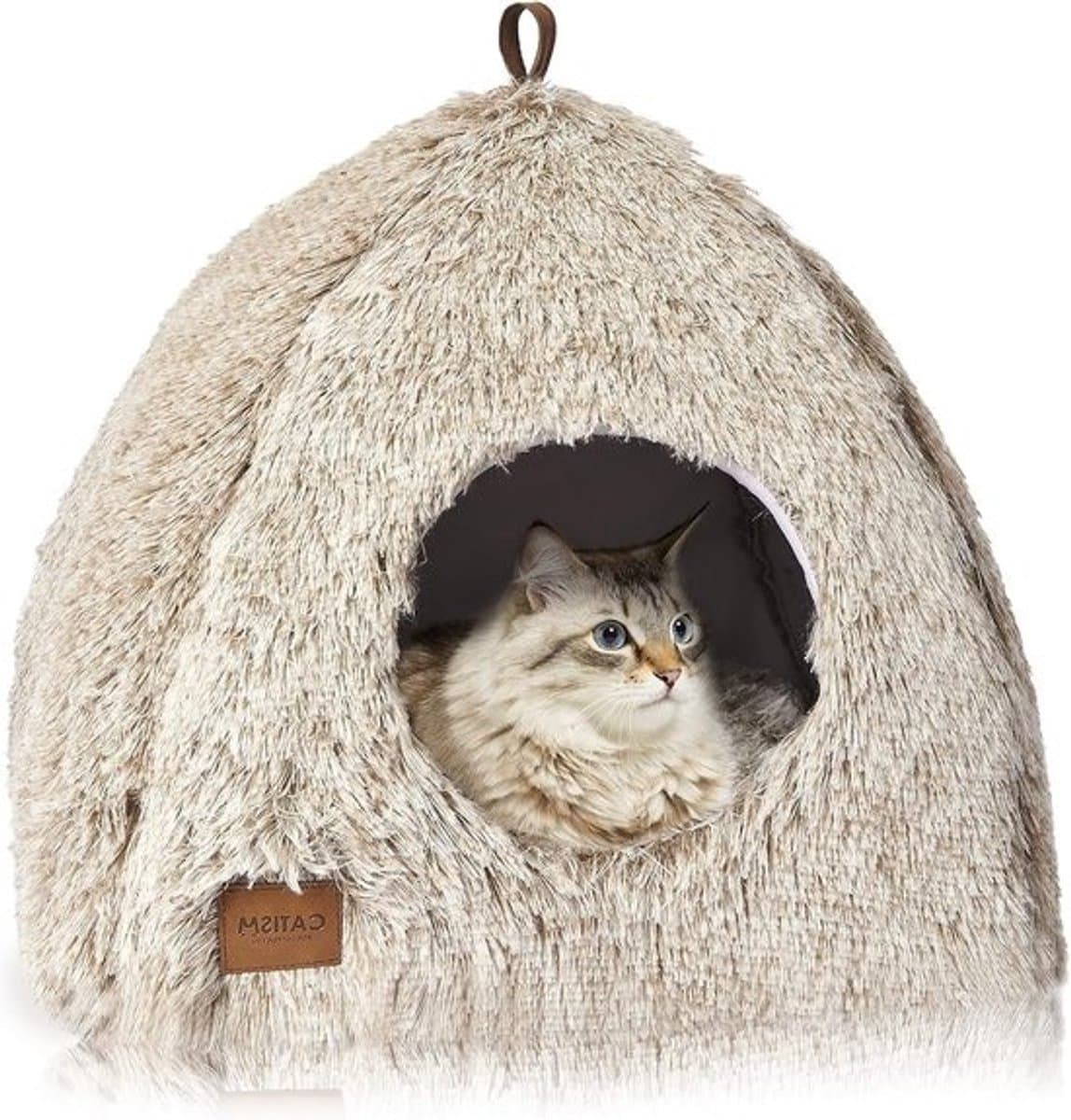 Warm kattenverblijf - Premium comfortabel huisdierbed - in schattige piramidevorm - Groot huis voor binnenkatten of puppy's - met afneembaar en wasbaar zacht kussen - 40 x 40 x 37 cm
