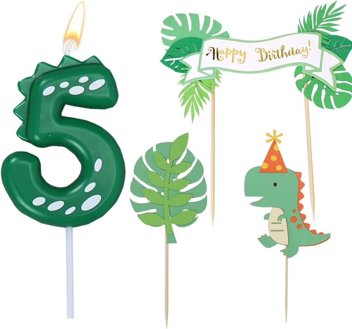 Verjaardagskaarsen met cijfers 5, Dinosaurus kaars 5 verjaardag met taartdecoratie, kaars 5, groene kaarsen met cijfers, Dino Happy Birthday caketopper, Dino verjaardagsdecoratie 5 jaar babyfeest