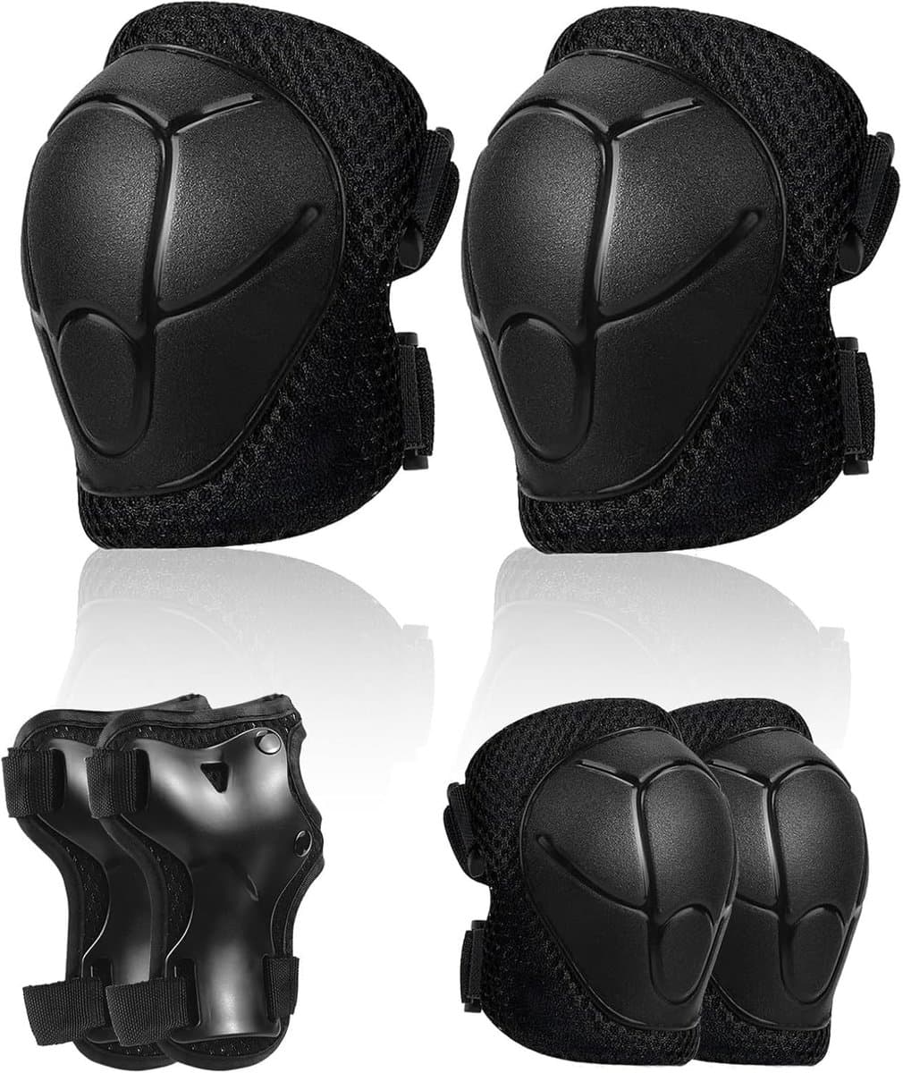 Set van 6 zwarte kniebeschermers voor meisjes, ideaal voor inline skaten en andere sporten, geschikt voor kinderen van 3 tot 12 jaar