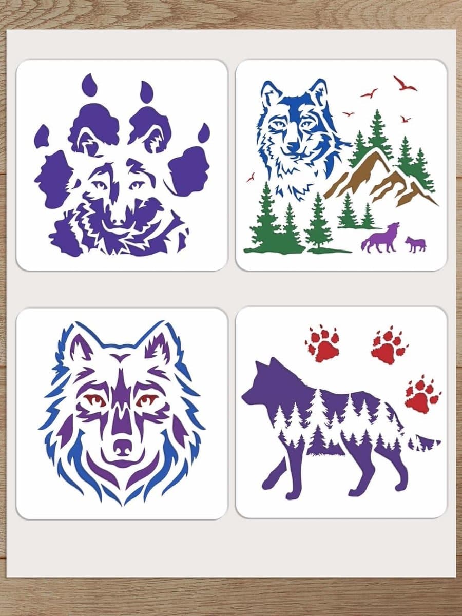 Wolfskop plastic tekensjablonen set van 4, 30 x 30 cm herbruikbare dieren stencils voor schilderen op muur, deur, canvas en stof voor unieke woondecoratie