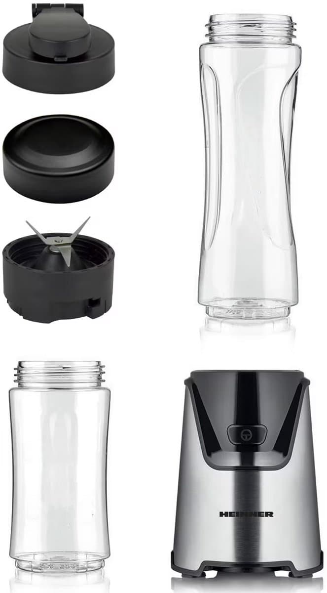 Heinner Sportblender – 400W – 19.000 rpm – 600 ml & 400 ml Tritan Bekers – BPA-vrij – 2 Ready-to-Go Deksels – RVS Messen – Inox Behuizing – Zwart/Inox