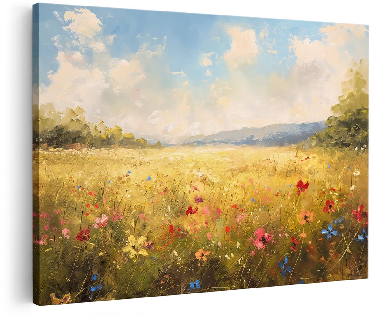 Artaza Canvas Schilderij Bloemenweide - 150x100 cm - Groot - Wanddecoratie Landschap - Muurdecoratie Natuur - Decoratie Bloemen Schilderij - Schilderijen Op Canvas