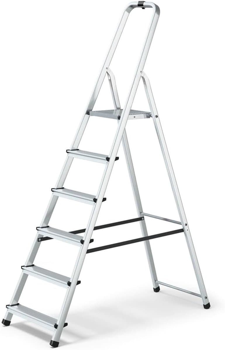 QORA® Huishoudtrap 6 Treden - Keukentrapje Basic Anti-slip - Keukentrap Inklapbaar – Trapladder Breed - Opstapje – Vouwladder – Ladders - Keukentrap - Zilver - 48cm x 12cm x 191cm; 5,1 kg