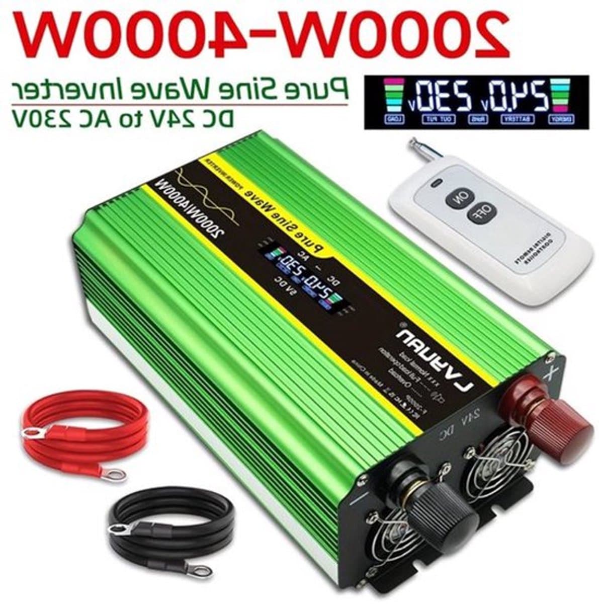 Zuivere Sinusgolf Omvormer – Stroomomzetter – DC-AC Converter – Spanningsomzetter – 24V Omvormer – 2000W Continu Vermogen – Draadloze Afstandsbediening & LCD Display