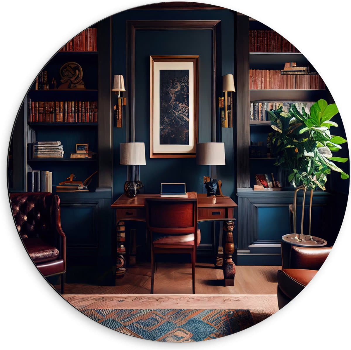 Dibond Muurcirkel - Kamer - Bruin - Stoelen - Plant - Boeken - Kantoortje - 60x60 cm Foto op Aluminium Muurcirkel (met ophangsysteem)