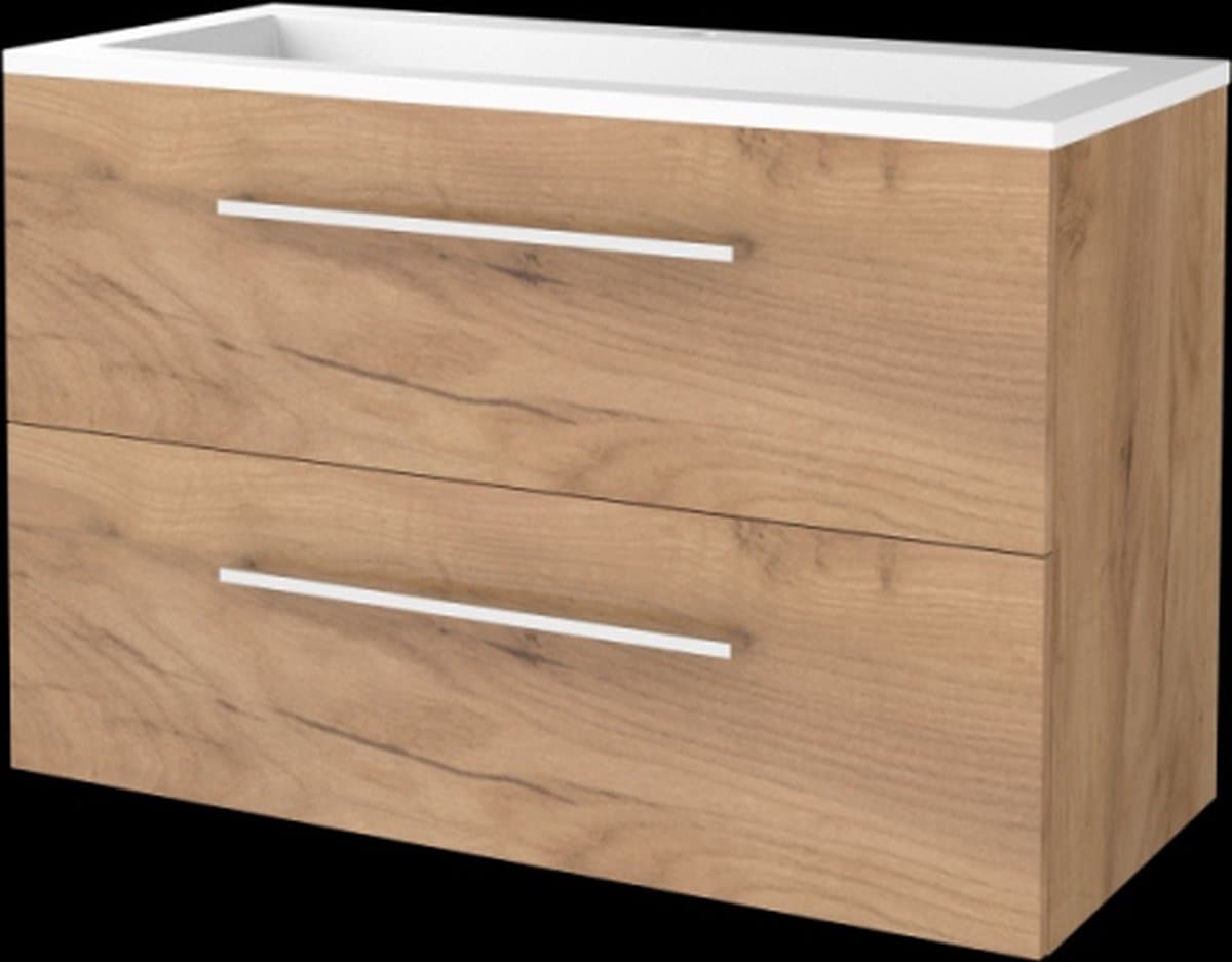 Basic Start 46 badmeubelset met wastafelonderkast met grepen, 2 lades en acryl wastafel met 1 kraangat 100 x 46 cm, whisky oak