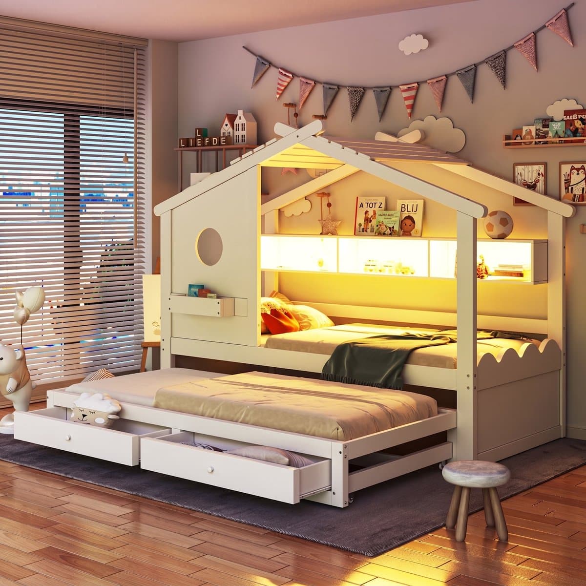 VVBV Kinderbed 90x200 cm + 90x190 cm met 2 Lades, Voor Kinderen/Tieners - Huisdesign, Uitschuifbed, Planken, USB-C - Wit