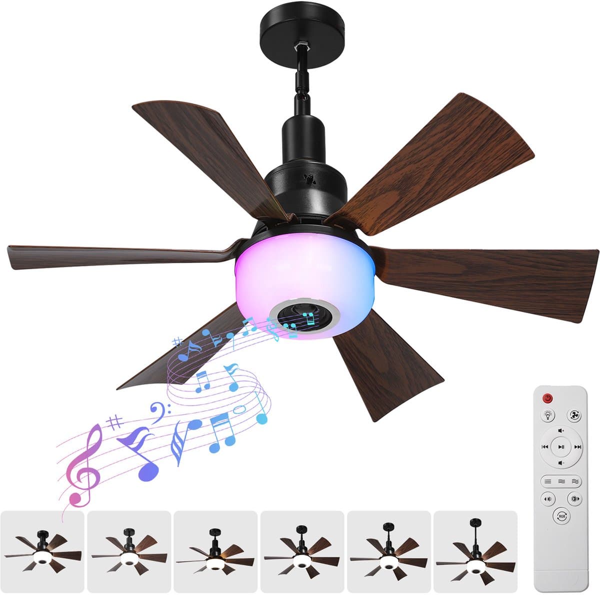 Rosnek E27 Plafondventilator met Verlichting - Inschroefbare Ventilatorlamp met Bluetooth Speaker en RGB Licht - Afstandsbediening - 3 Snelheden - Voor Slaapkamer - Ø52cm