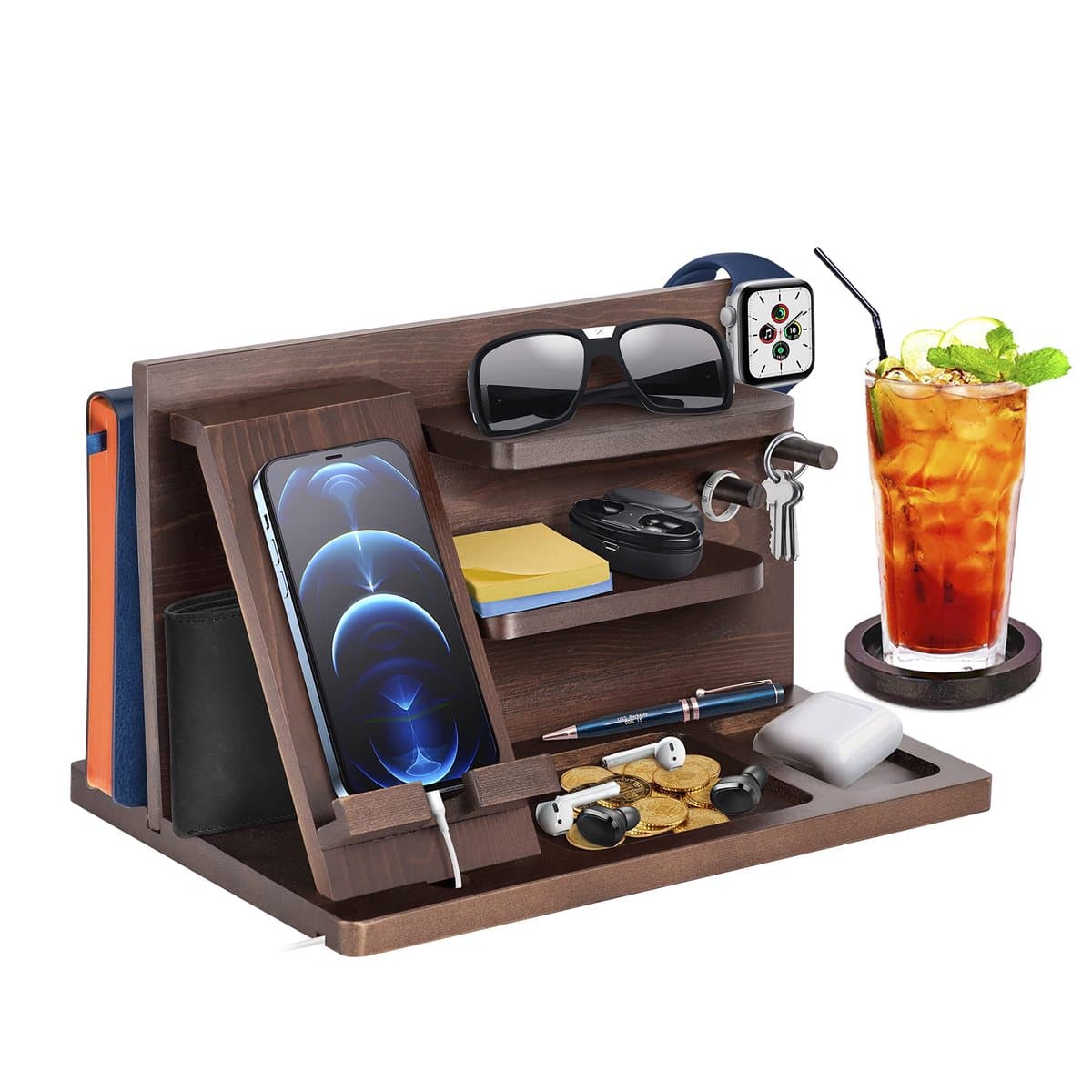 Dailygoods- Nachtkastje Houten Organizer - Nachtkastje met Laptopvak - Nachtkastje met Planken - Nachtkastje met Haken - Nachtkastje met Telefoonbasis - Uniek Cadeau voor Mannen