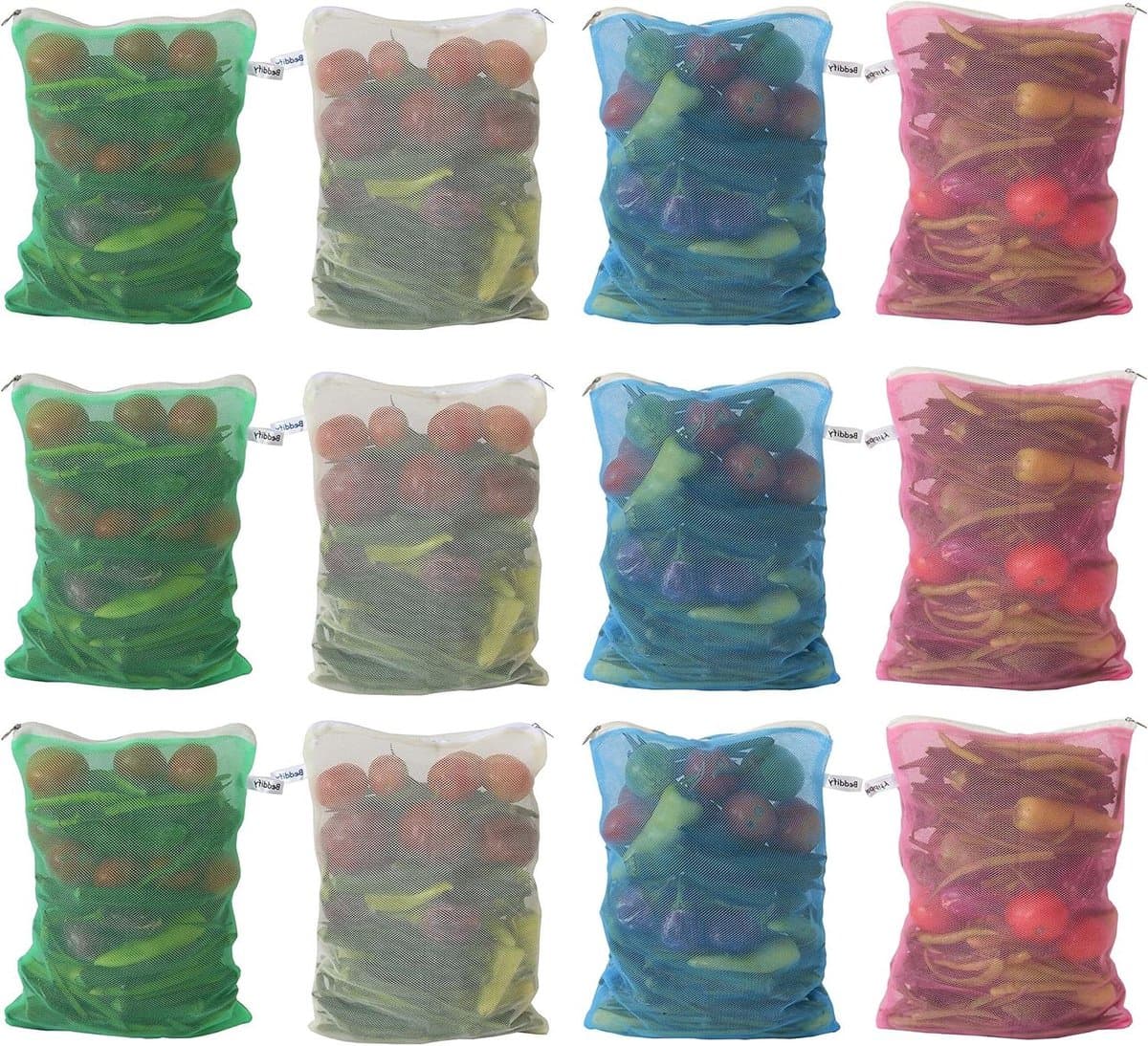 Herbruikbare Opbergzakken - Netzakken Groente Fruit - Voedsel Bewaren - Ventilerende Mesh Stof - 20 x 35 cm - Veelkleurig