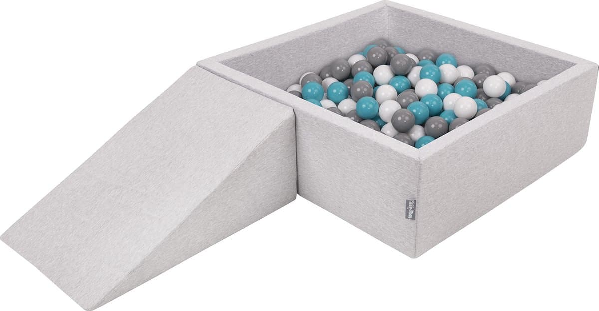 KiddyMoon schuimspeelplaats met vierkant ballenbad (100 ballen) ballenbakken voor baby's speelbad hindernisbanen, made in the eu, lichtgrijs:grijs/wit/turquoise