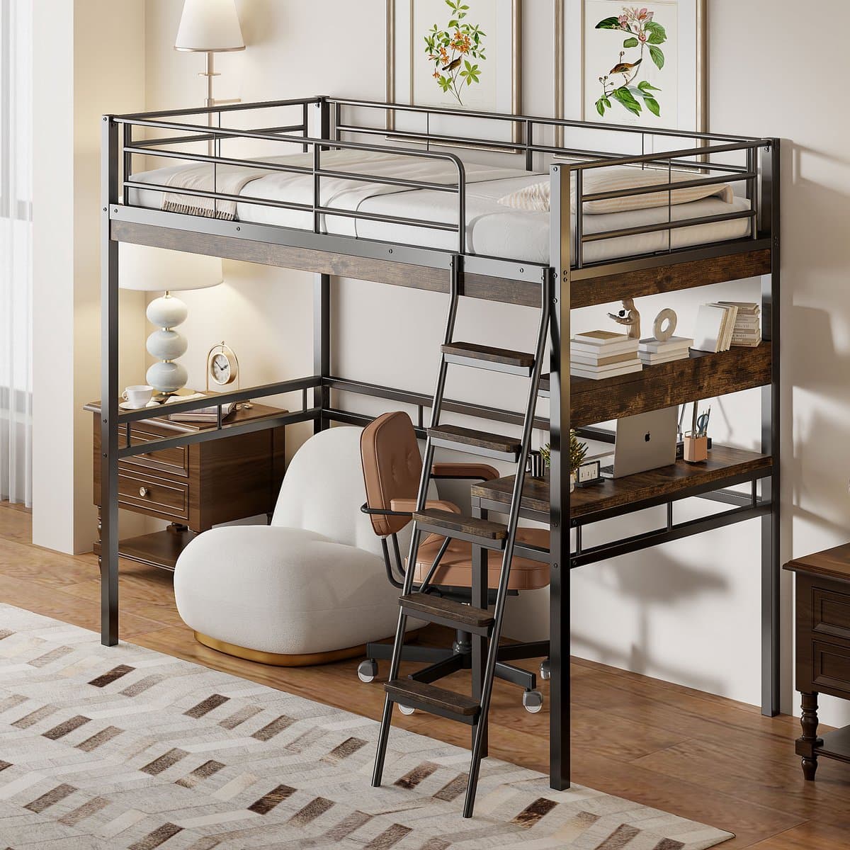 STILVORA Hoogslaper 90x200cm – Bed Met Bureau – Met Opbergplanken, Veiligheidshek En Ladder – Zonder matras – Metaal En MDF – Zwart