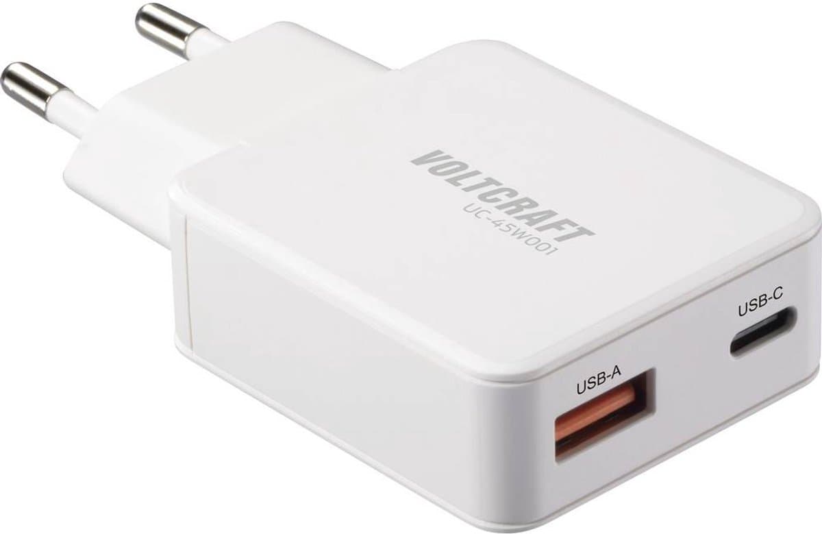 VOLTCRAFT UC-1C1A45W01 USB-oplader 45 W 1x USB-A, 1x USB-C Fast Charge, USB PD 3.0 Wit GaN