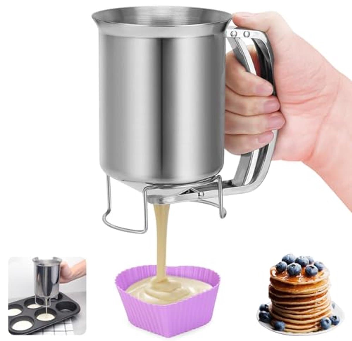 900ml Teigportionierer Edelstahl mit Quetschgriff – Präziser Handheld Teigspender für Pfannkuchen, Muffins & Waffeln – 14mm Düse & Tropffreie Technik