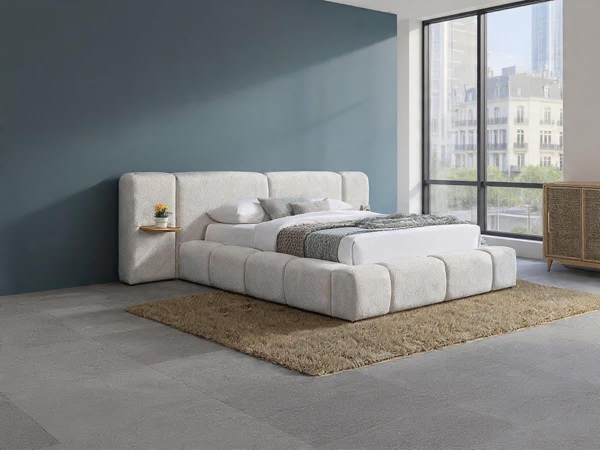 Luxe Opbergbed 180x200 met Hoofdbord en Geïntegreerde Nachtkastjes – Teddy Bouclé Design Bed met Lattenbodem – Beige Tweepersoons Bed met Opbergruimte – VILARO – NoviHome