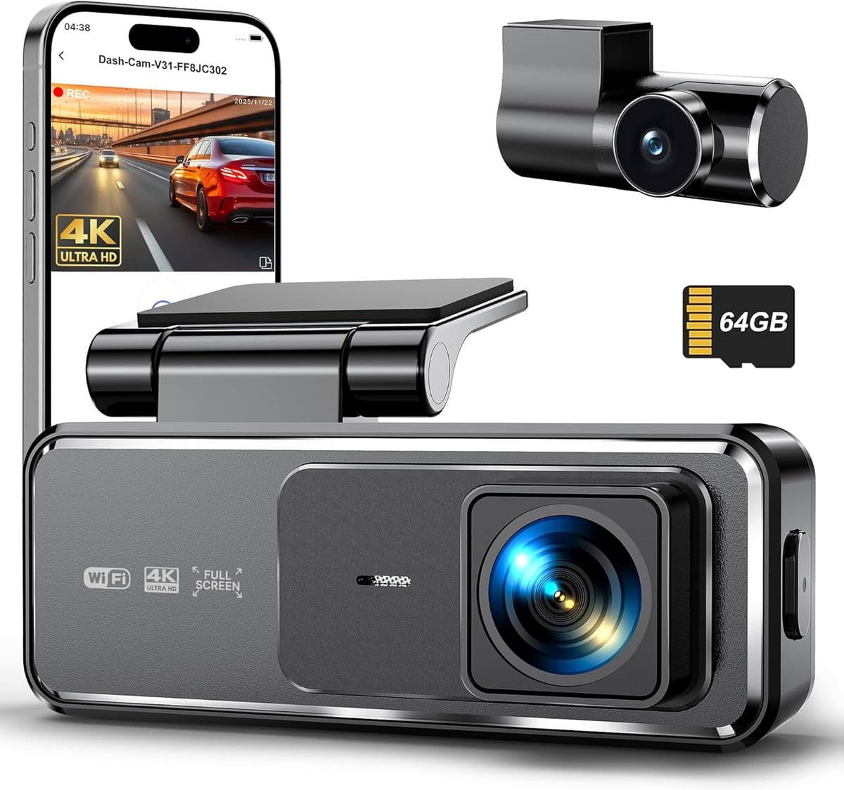 Dashcam 4K voor en achter met 64GB SD-kaart en Wifi