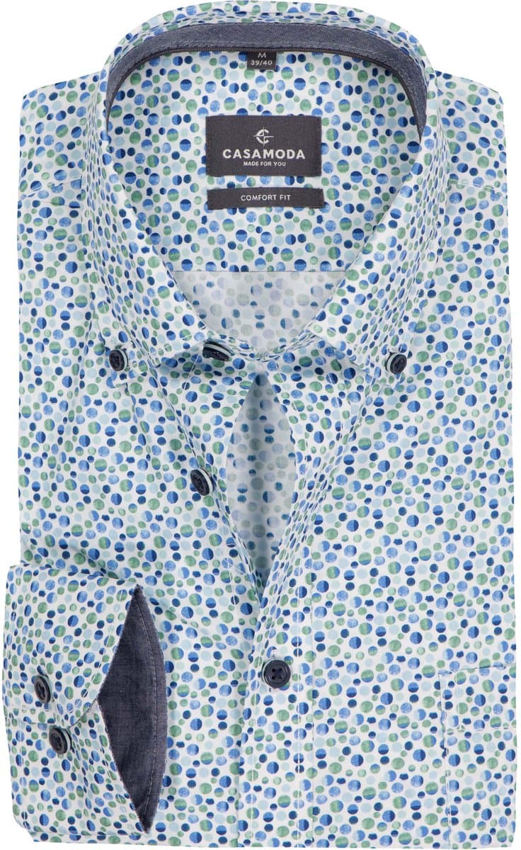 CASAMODA Sport comfort fit overhemd - popeline - wit met groen en blauw balletjes dessin