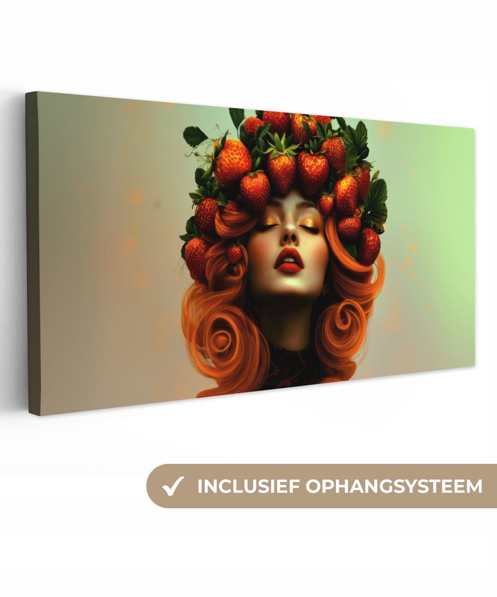 Canvas schilderij 80x40 cm - Exclusieve wanddecoratie Vrouw - Aardbeien - Kroon - Muurdecoratie woonkamer - Slaapkamer decoratie - Kamer accessoires - Schilderijen op canvas