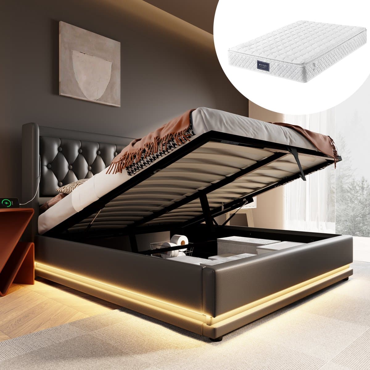 HAUSS SPOLE Gestoffeerd Bed Tweepersoonsbedden - 160x200 cm - Hydraulisch Opbergbed Met 3-zijdige LED Hoofdbord En USB Type C Oplaadfunctie - PU - Zwart