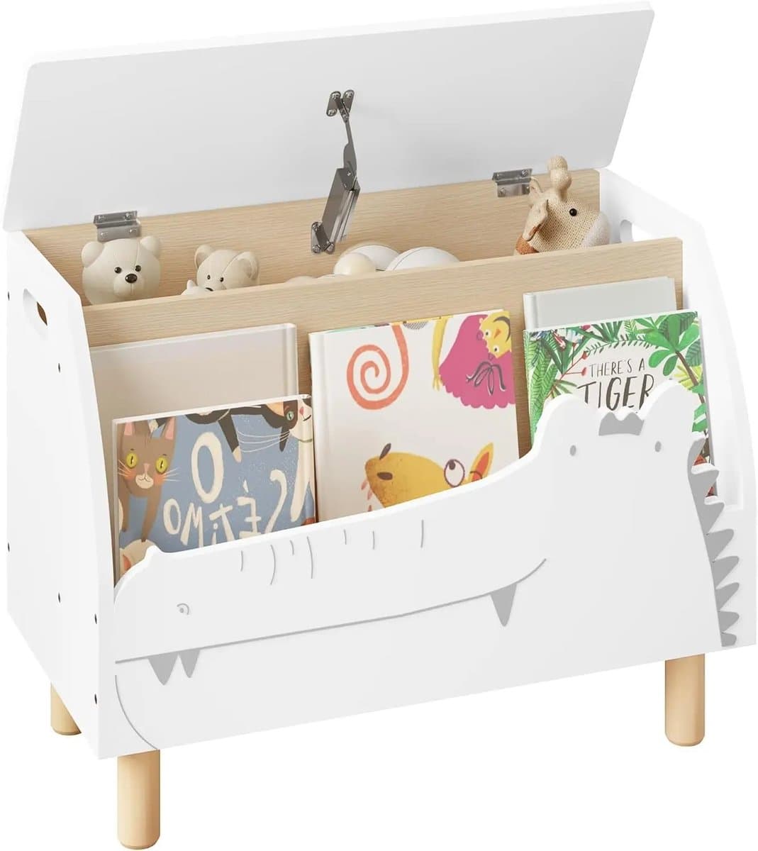 Sensova - Kinderbank Met Opbergruimte - Speelgoedbank - Speelgoedkist Met Lid - Speelgoed Opbergbank - Opbergkisten - Wit Met Krokodillenprint - 60 × 44 × 30 cm