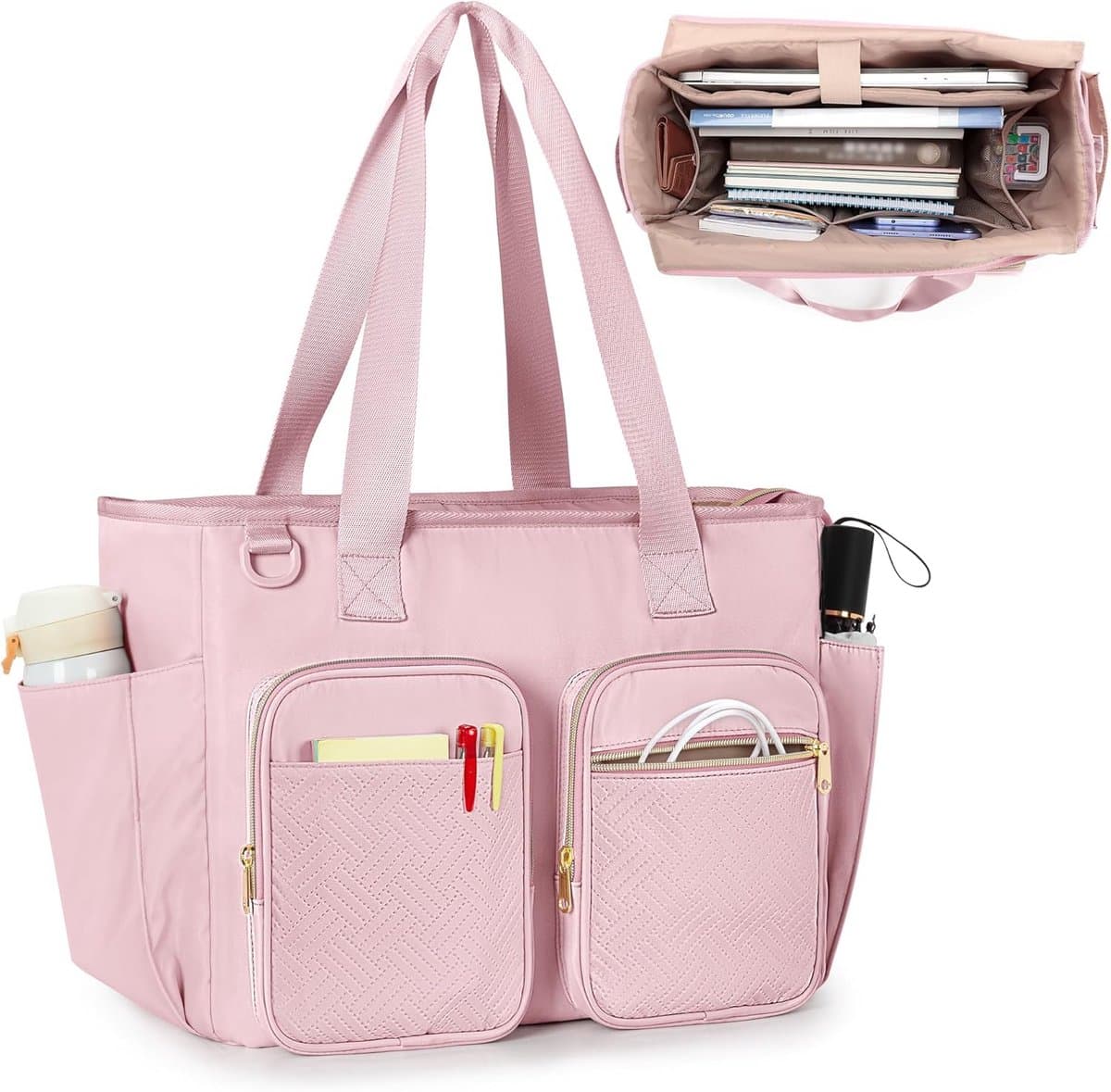 Grote draagtas voor leraren met laptopvak - Roze werk- en schooltas voor vrouwen