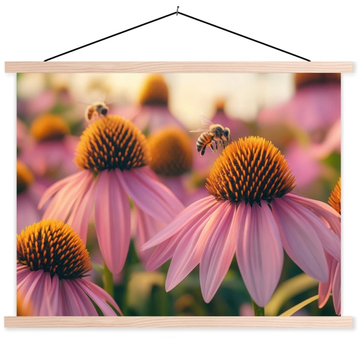 Posterhanger incl. Poster 40x30 cm - Schoolplaat - Bloemen - Paars - Bijen - Textielposter - Blanke latten