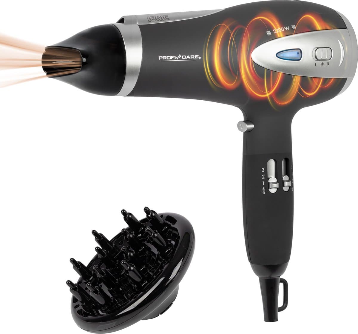 ProfiCare HTD 3113 - Haardroger met ionisatiefunctie en diffuser - Zwart - 2200W