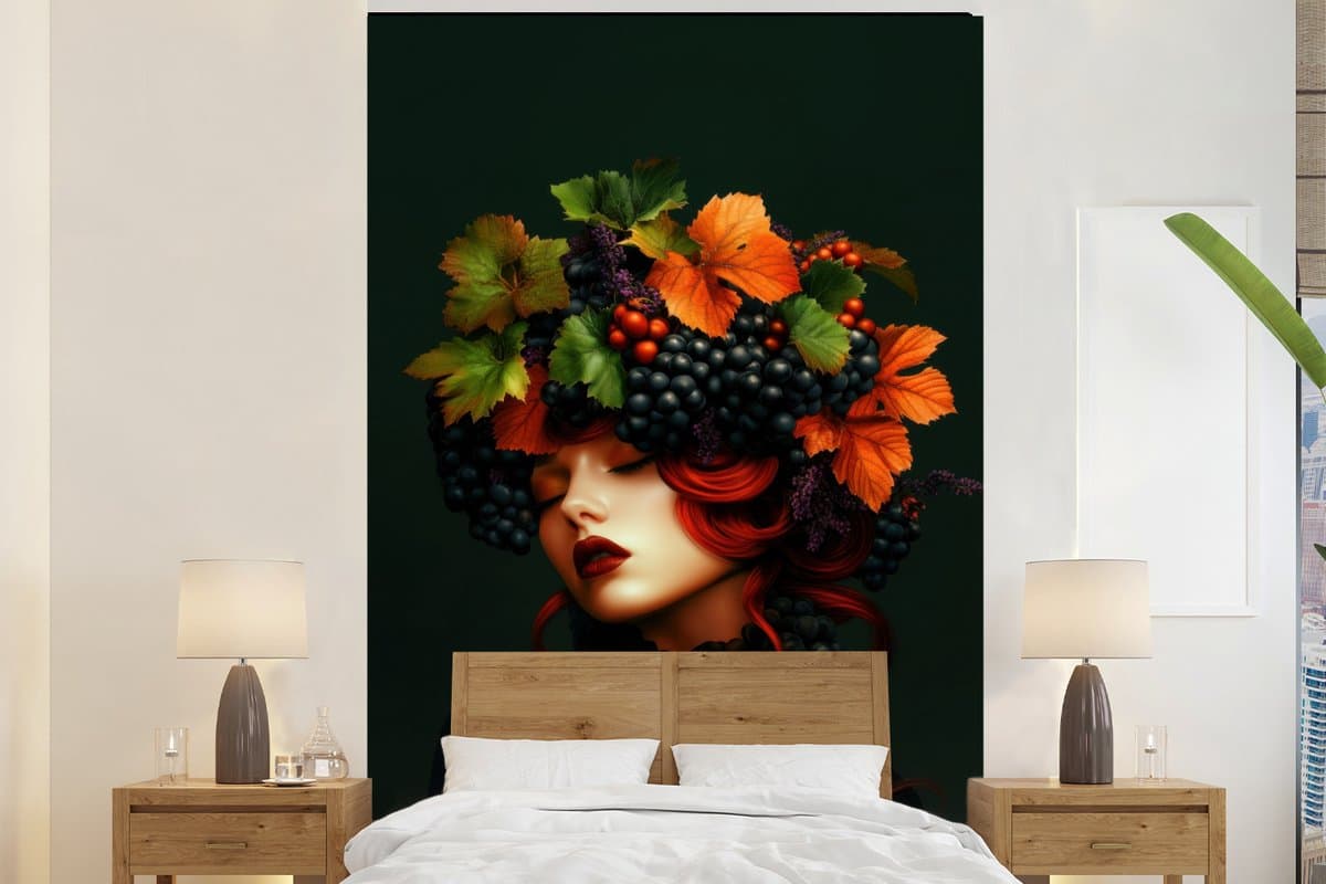 Behang - Fotobehang Vrouw - Rood - Groen - Druiven - Breedte 155 cm x hoogte 240 cm