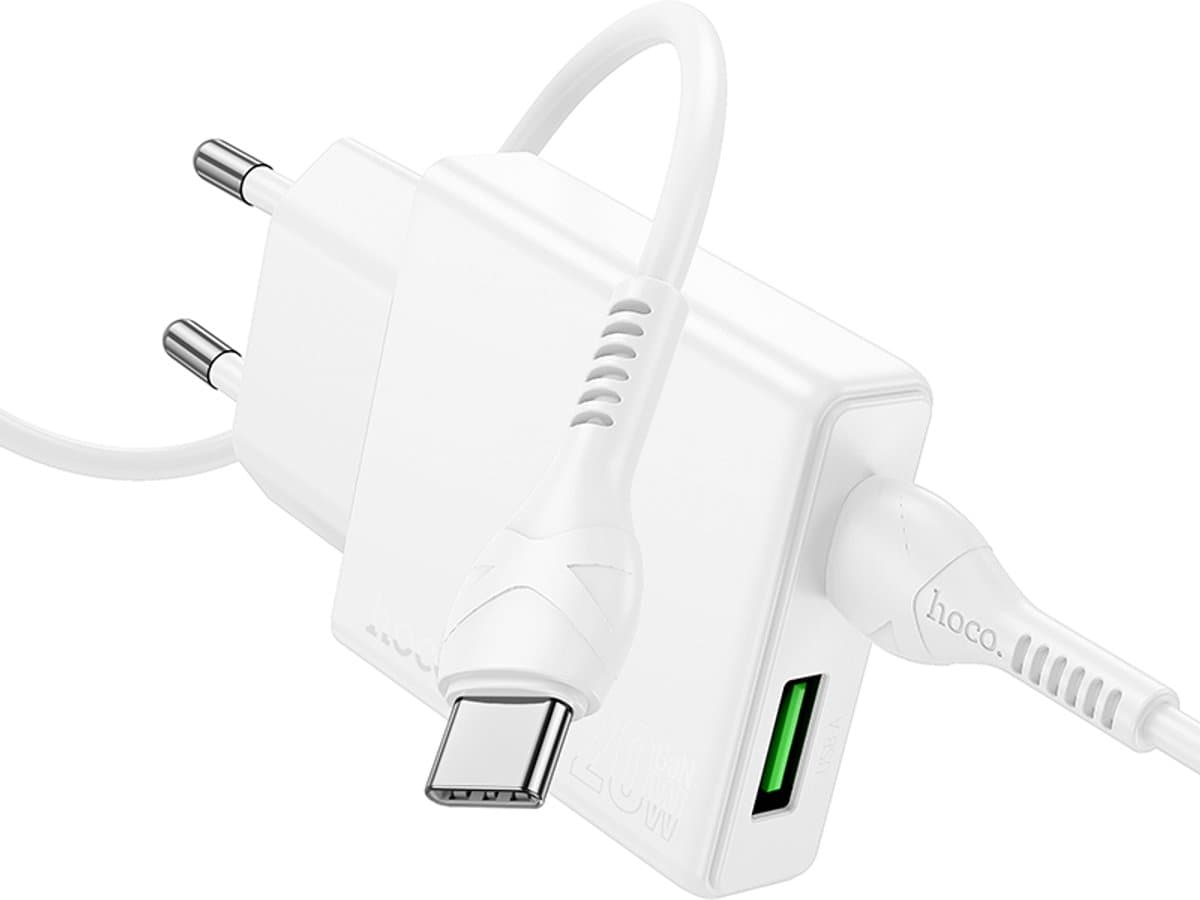 Hoco 20W Dual Poort Snellader met Kabel - Wit - 20W USB-C + 18W USB-A + 1 Meter Type-C Kabel - Compact Telefoon Oplader voor Reizen - Krachtige en Efficiënte Oplader
