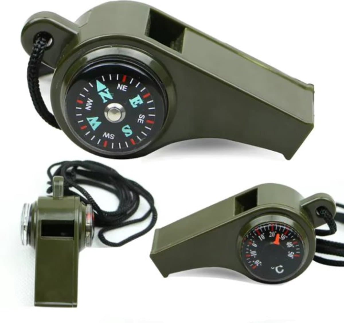 Noodfluitje 3 in 1 - met kompas & thermometer - outdoor survival