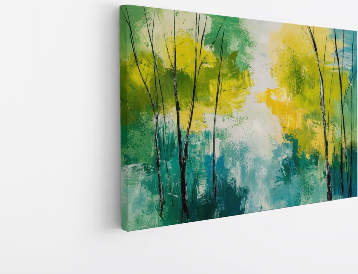 Saammp Canvas Schilderij - Bomen - Geel -Blauw - Groen - Bloemen - Landschap - Natuur - 60x40 - Foto op canvas - Wanddecoratie - Muurdecoratie Woonkamer - Slaapkamer decoratie - Canvas Print