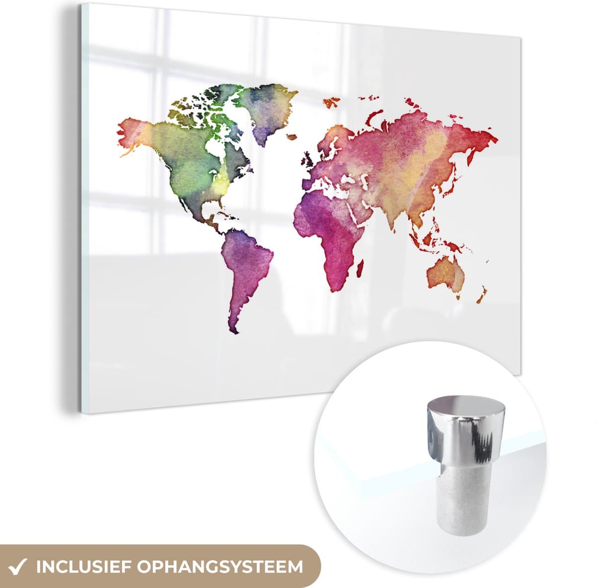 ® Glasschilderij 30x20 cm - Schilderij acrylglas - Wereldkaart - Waterverf - Regenboog - Foto op glas - Muurdecoratie woonkamer - Wanddecoratie slaapkamer - Schilderijen