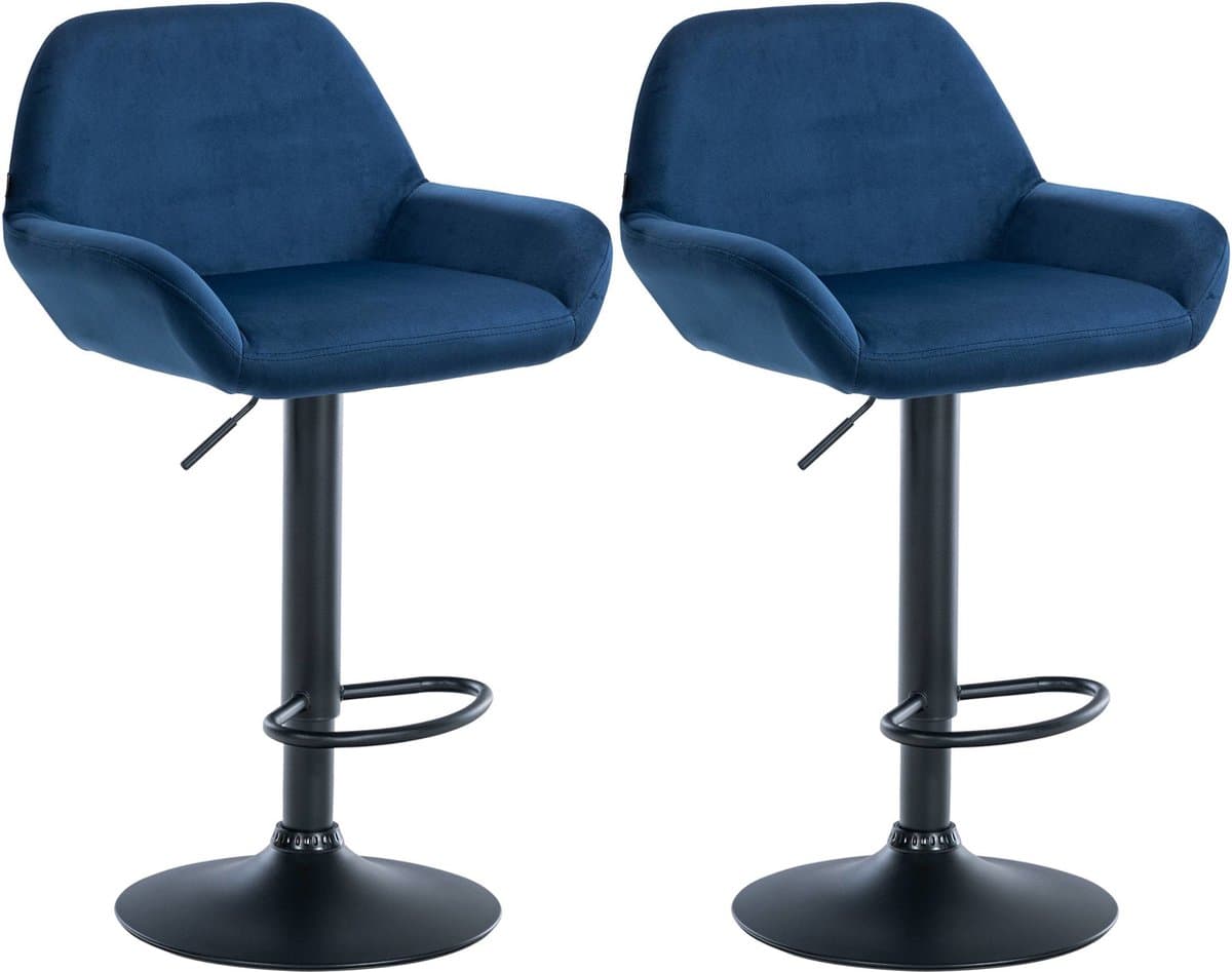 CLP Braga Set van 2 barkrukken - Met rugleuning - Verstelbaar - Fluweel - Velvet - zwart/blauw