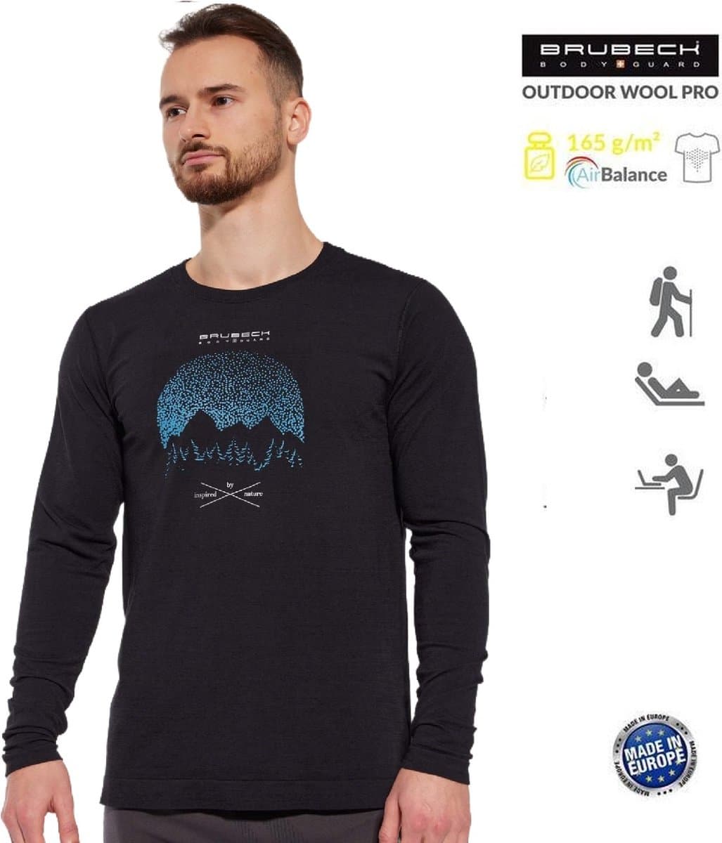 Brubeck Heren Outdoor Pro Wandelshirt - Lange Mouw, Lichtgewicht en Ademend - Merino Wol Blend - Zwart - L