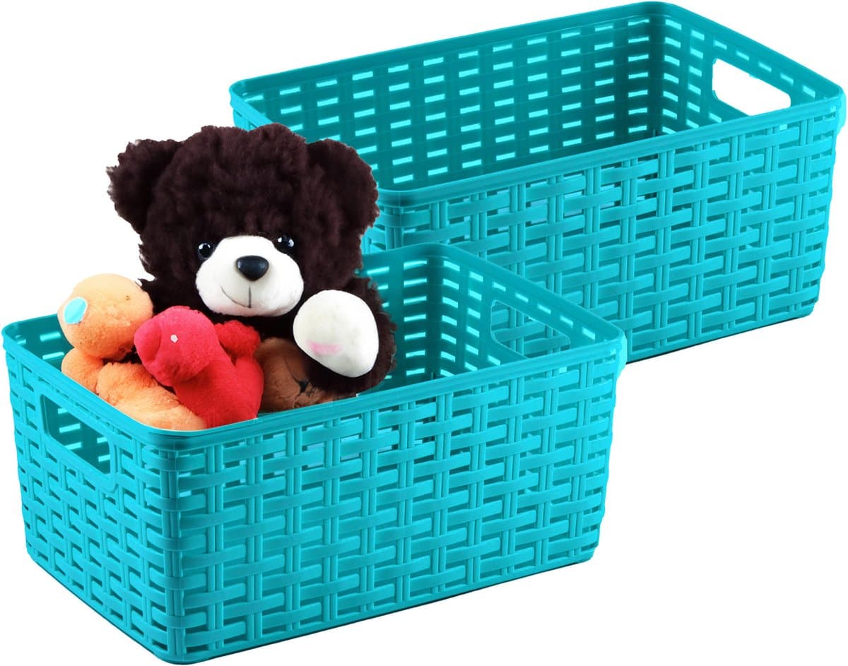 Plasticforte Opbergmand - 2x - Kastmand - rotan kunststof - turquoise blauw - 6 Liter - 19 x 29 x 13 cm