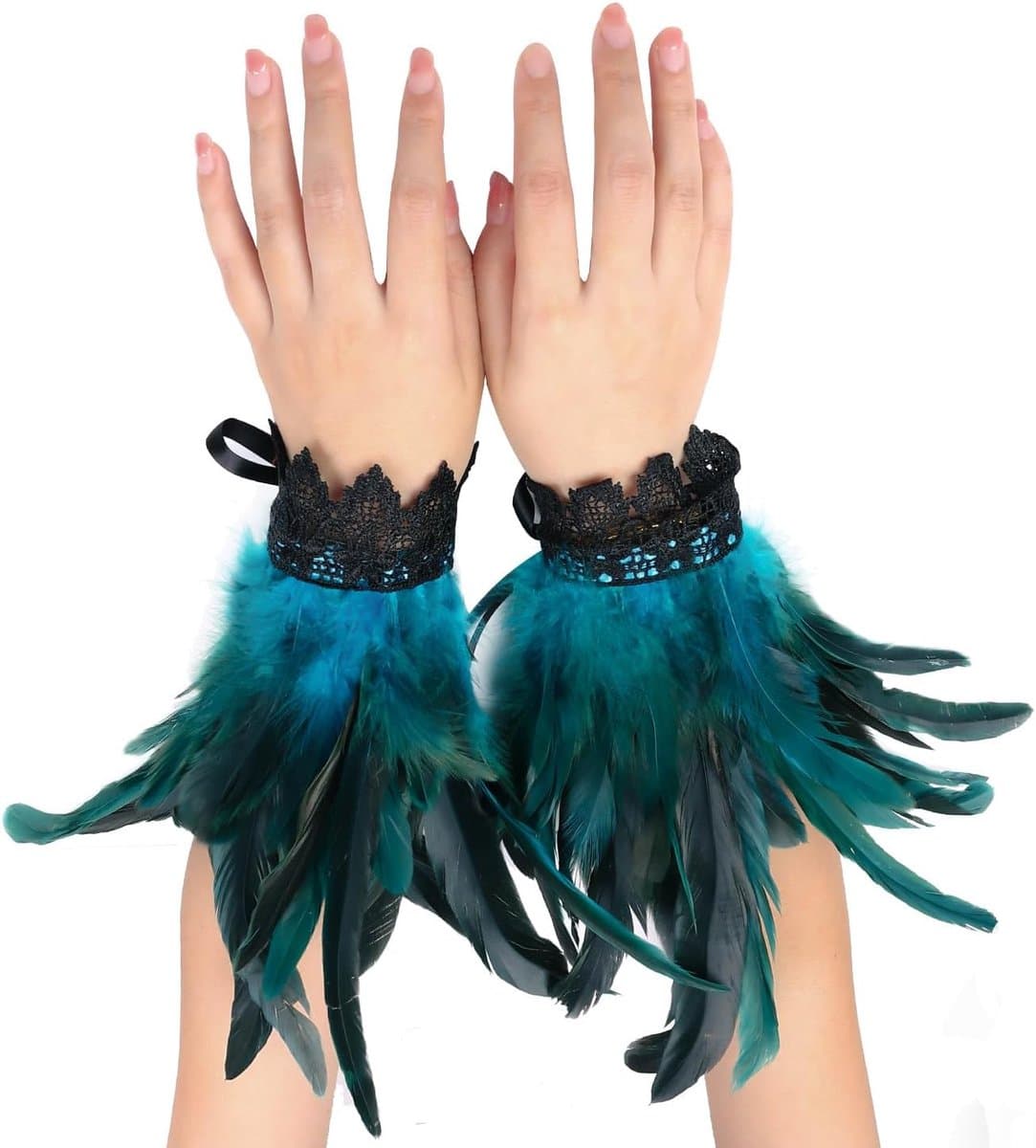 2 stuks dames handschoenen met veren polsmanchetten,Gotische mesh handschoenen,Zwarte kanten handschoenen met veren voor dance Cosplay Halloween kostuum