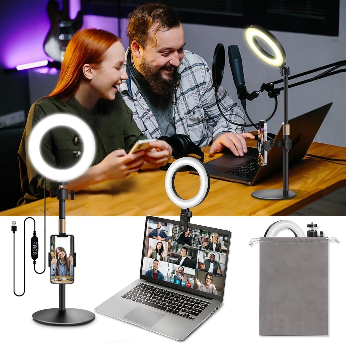 Ringlamp met Statief en Clip 6 inch LED Ringlicht en Mobiele Telefoon Dimbare Ring Light Tafelringlicht Videoconferentie Licht Cliplicht voor Laptop Computer Monitor Vlog Make-up Streaming