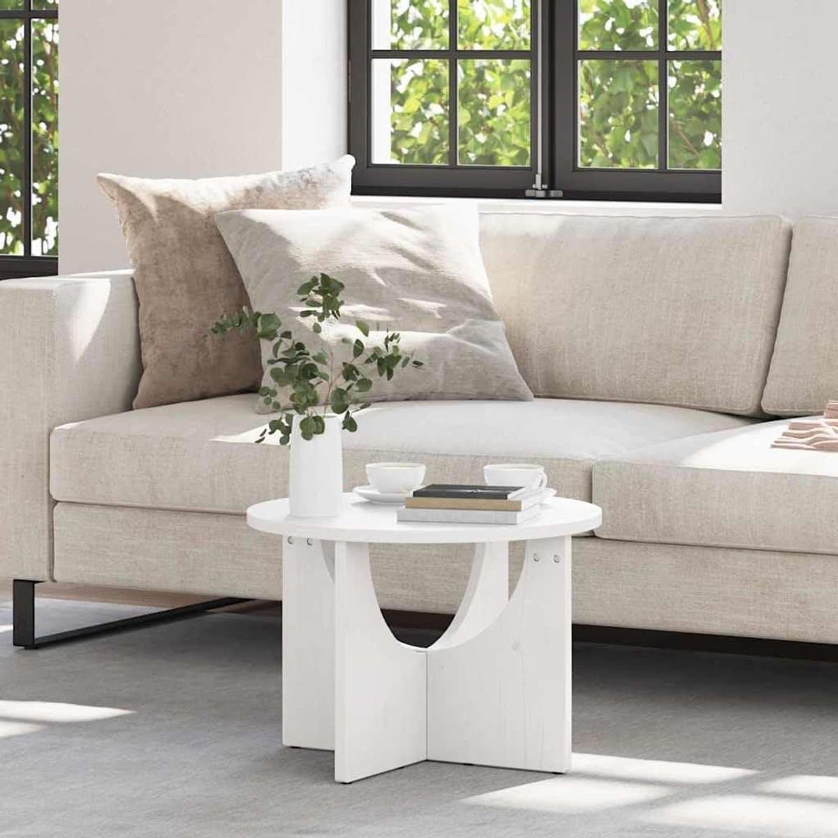 Ronde Salontafel - Houten Tafel - Woonkamer Decoratie - Massief Hout - 50x50x35cm - Wit