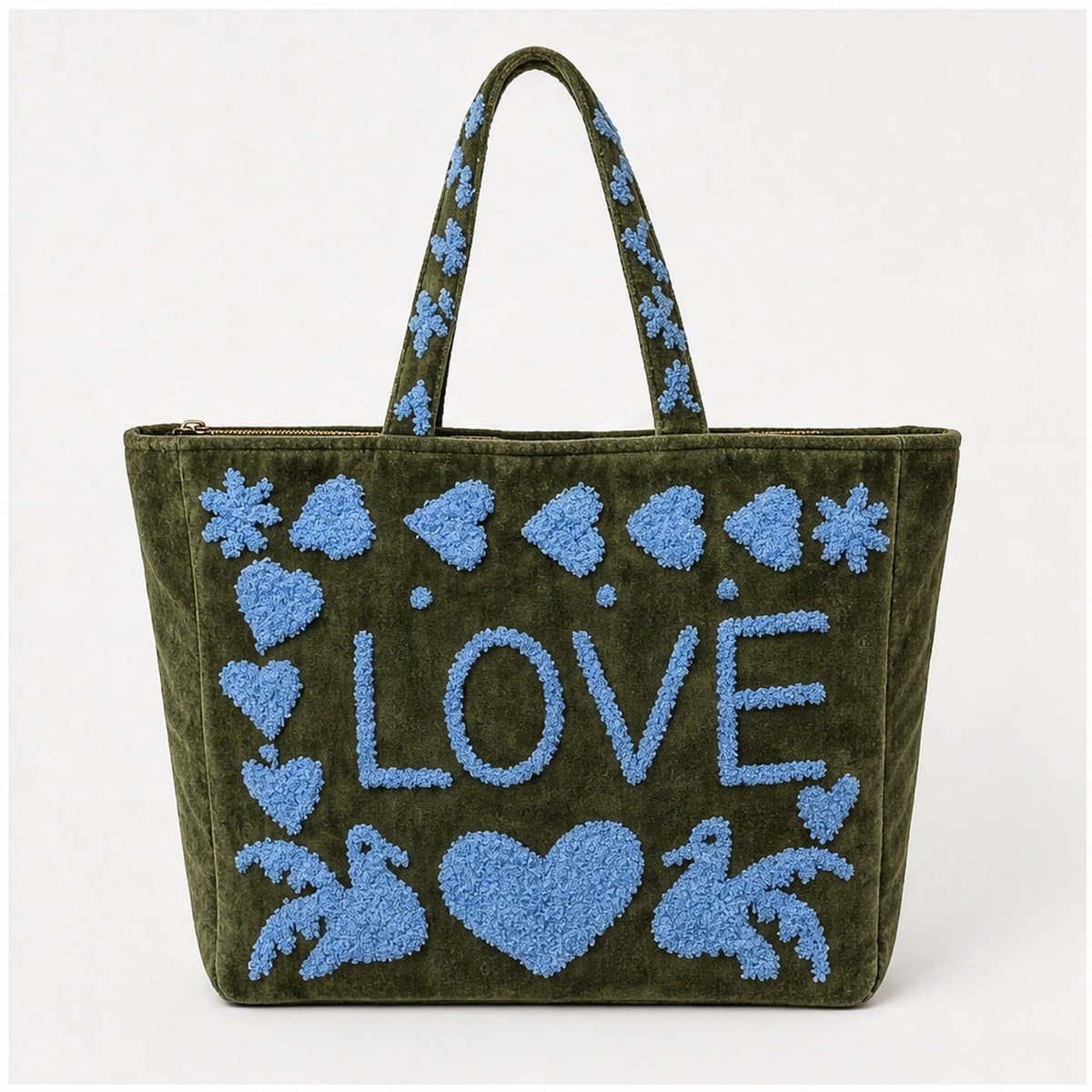 HS Velvet Tas met Rits Love Peace - Handmade in India - Olijfgroen